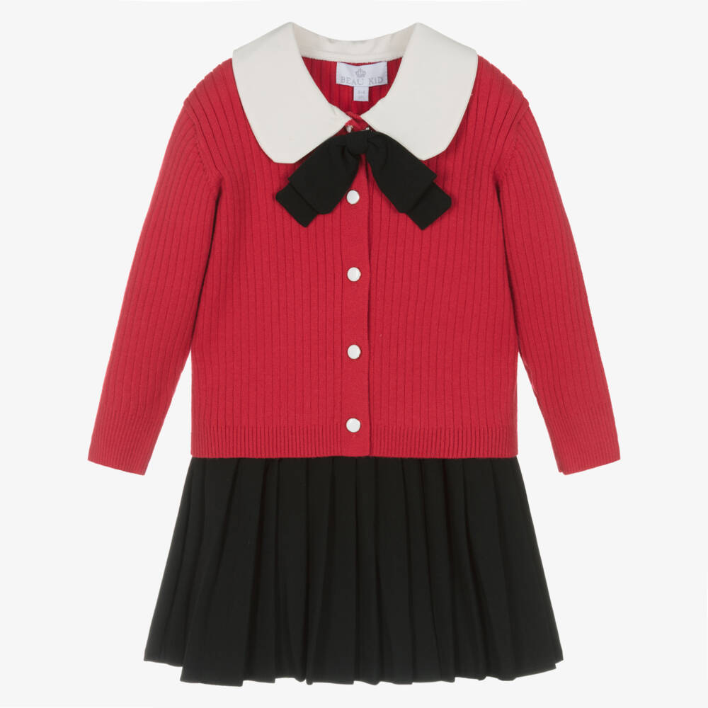 Beau KiD-Girls Red & Black Pleated Skirt Set with Bow Brooch | Childrensalon Outlet