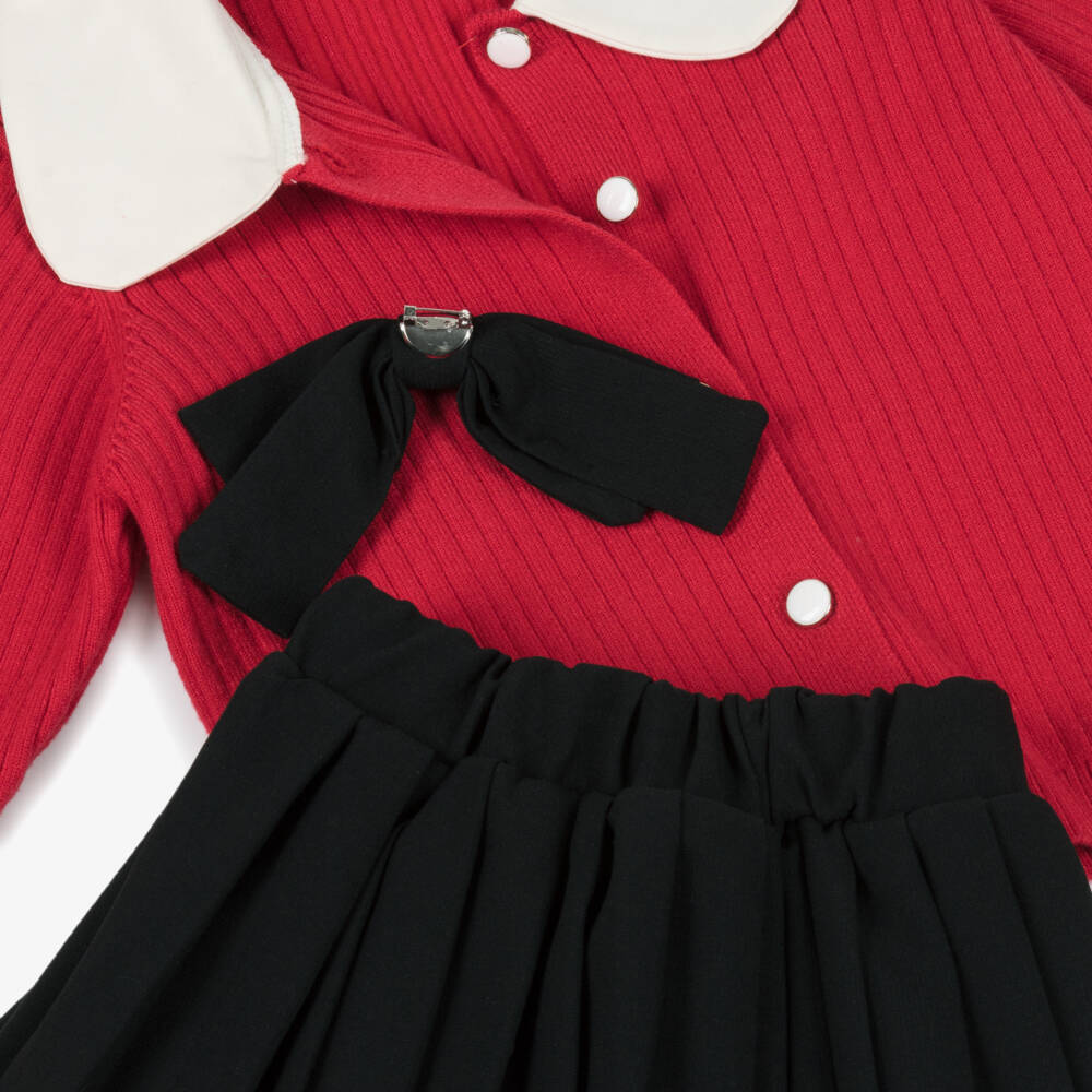 Beau KiD-Girls Red & Black Pleated Skirt Set with Bow Brooch | Childrensalon Outlet