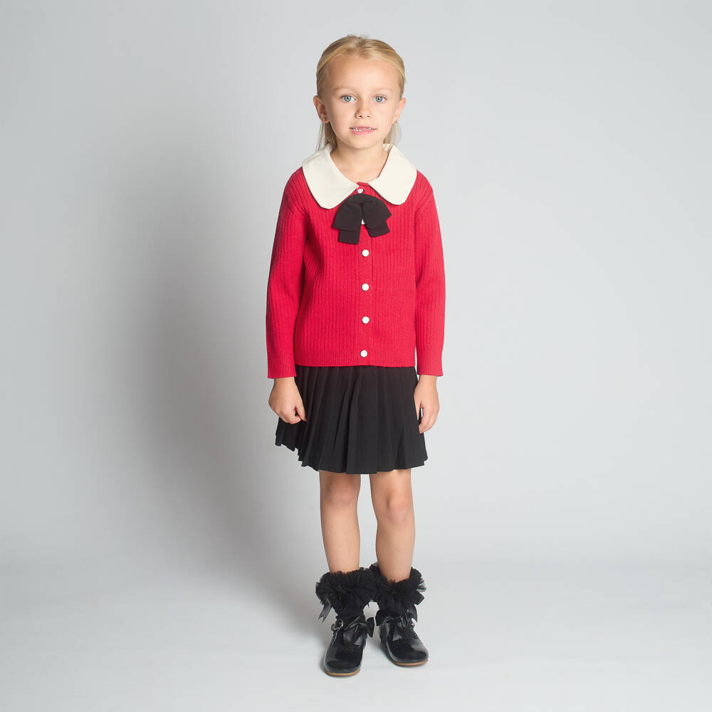 Beau KiD-Girls Red & Black Pleated Skirt Set with Bow Brooch | Childrensalon Outlet