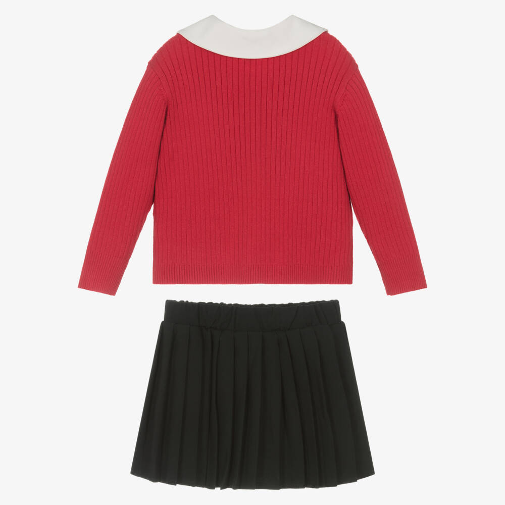 Beau KiD-Girls Red & Black Pleated Skirt Set with Bow Brooch | Childrensalon Outlet