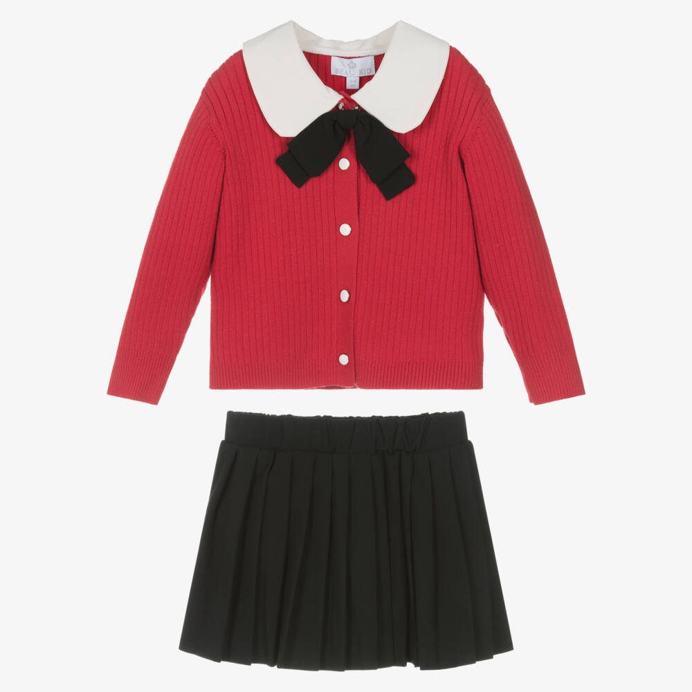 Beau KiD-Girls Red & Black Pleated Skirt Set with Bow Brooch | Childrensalon Outlet