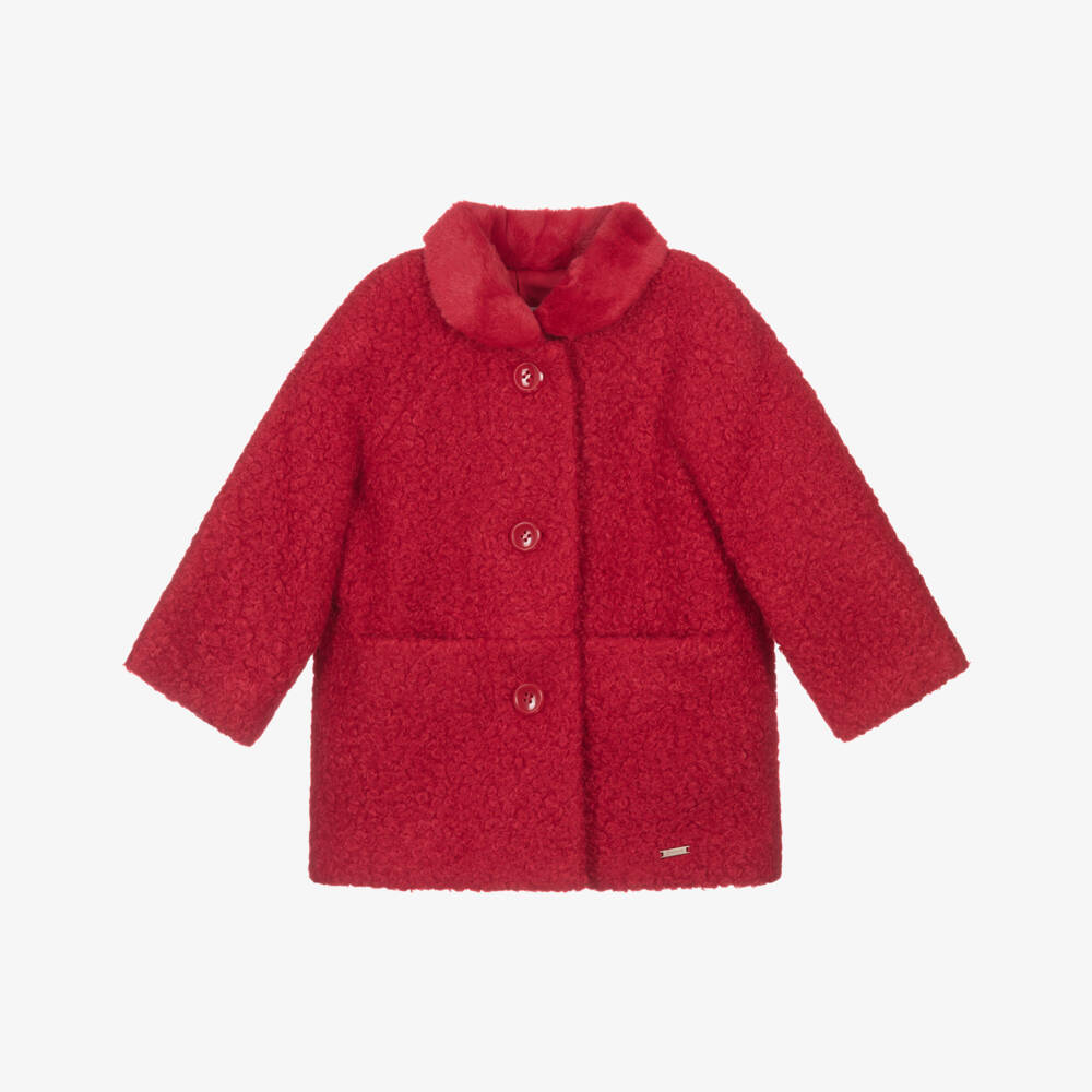 Mayoral-Girls Red Boucle Coat with Faux Fur Collar | Childrensalon Outlet