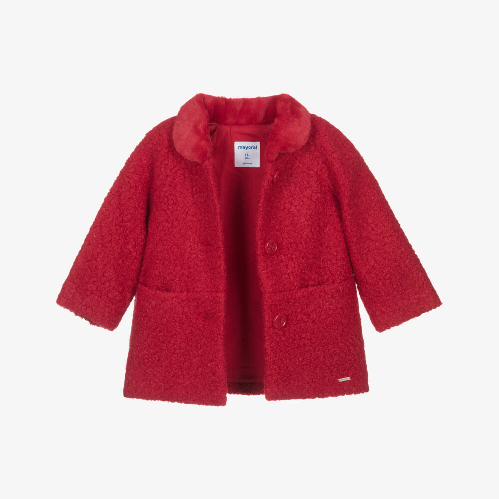 Mayoral-Girls Red Boucle Coat with Faux Fur Collar | Childrensalon Outlet