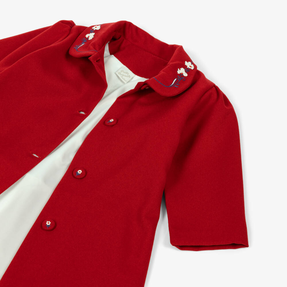 Pretty Originals-Girls Red Coat Set with White Floral Embroidery | Childrensalon Outlet