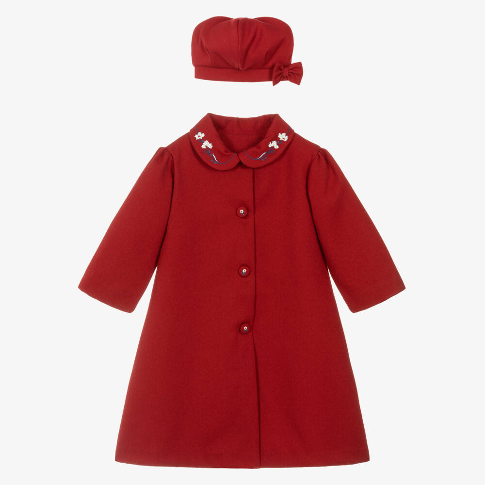 Pretty Originals-Girls Red Coat Set with White Floral Embroidery | Childrensalon Outlet