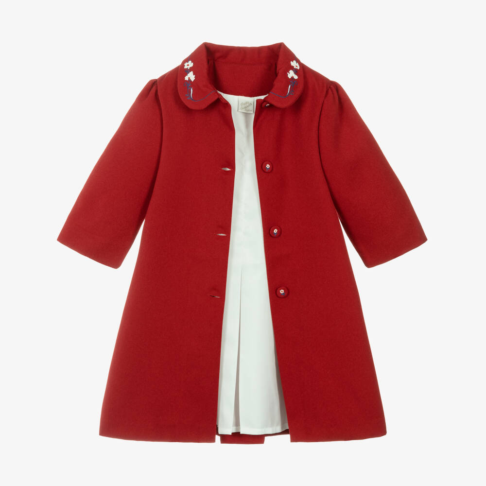 Pretty Originals-Girls Red Coat Set with White Floral Embroidery | Childrensalon Outlet