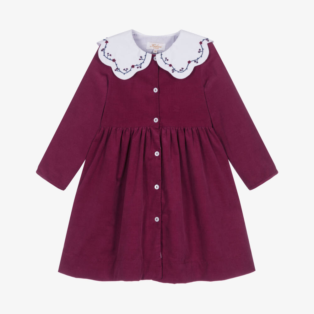 Kidiwi-Girls Red Corduroy Dress with Embroidered Scalloped Collar | Childrensalon Outlet