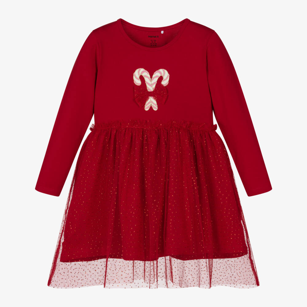 NAME IT-Girls Red Cotton Candy Cane Dress with Glittery Tulle Skirt | Childrensalon Outlet