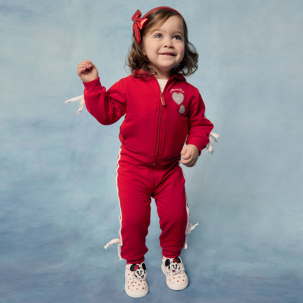 Monnalisa-Girls Red Cotton Diamanté Heart Tracksuit with Side Stripe | Childrensalon Outlet