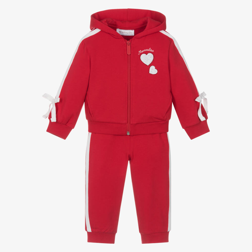 Monnalisa-Girls Red Cotton Diamanté Heart Tracksuit with Side Stripe | Childrensalon Outlet