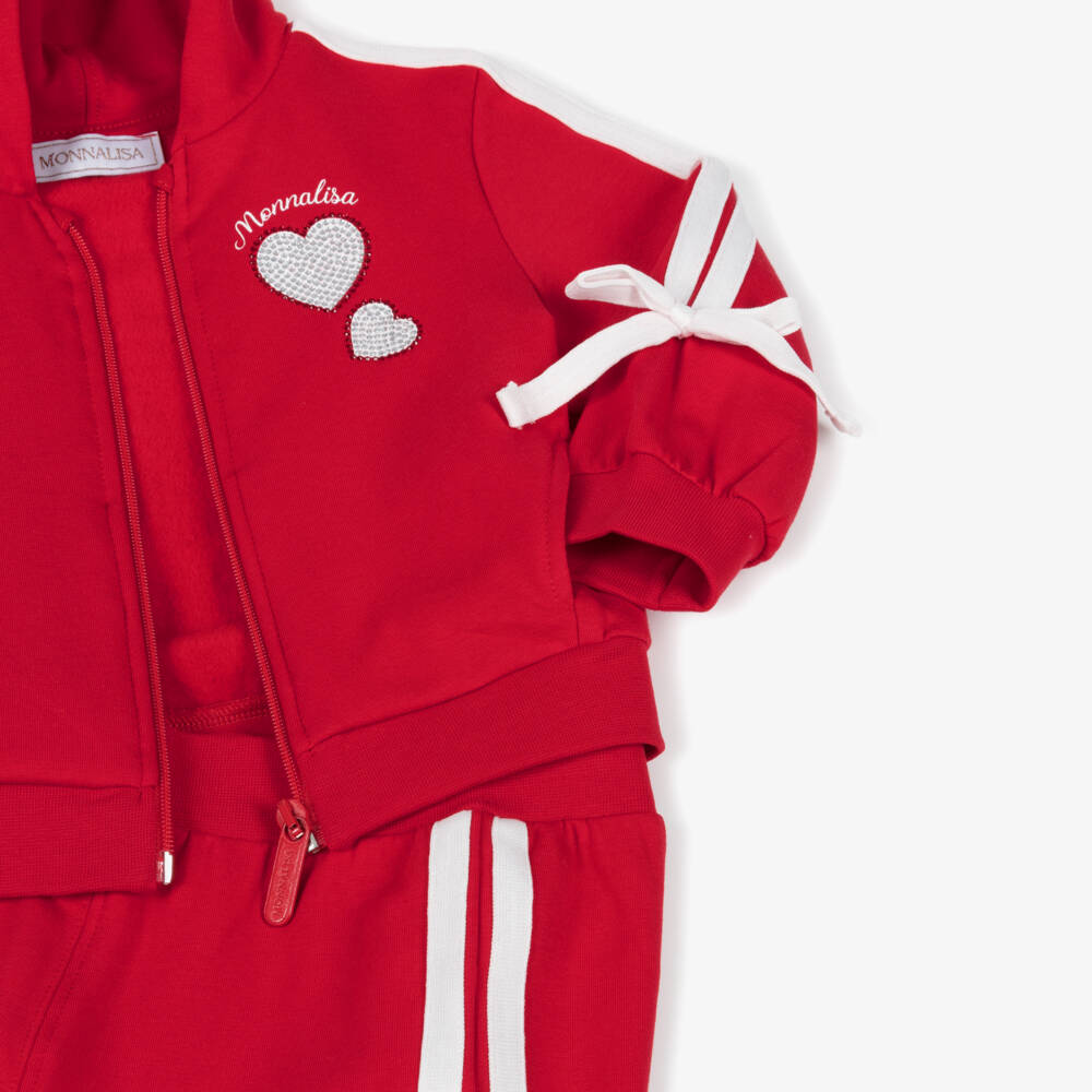 Monnalisa-Girls Red Cotton Diamanté Heart Tracksuit with Side Stripe | Childrensalon Outlet