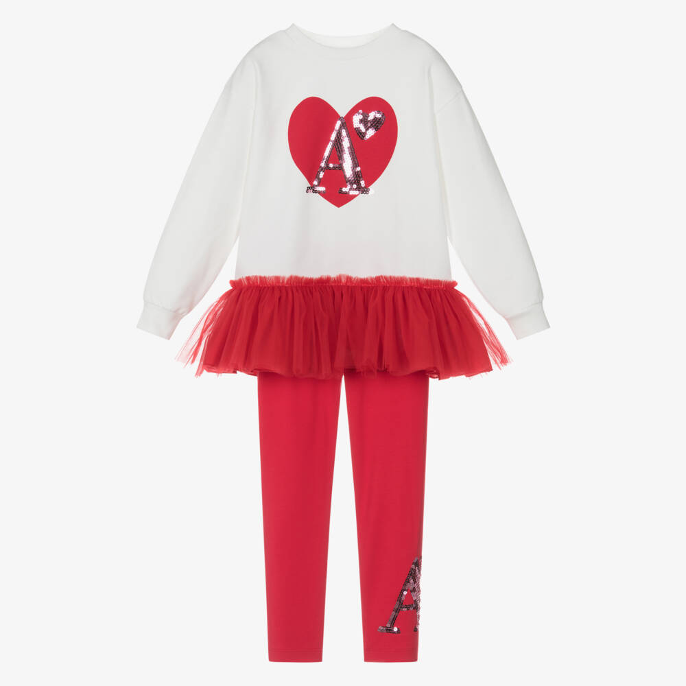 A Dee-Girls Red Cotton Heart Leggings Set with Sequinned Logos | Childrensalon Outlet