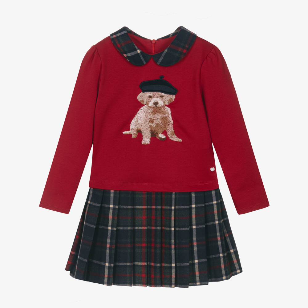 Patachou-Girls Red Cotton Jersey & Tartan Dress | Childrensalon Outlet