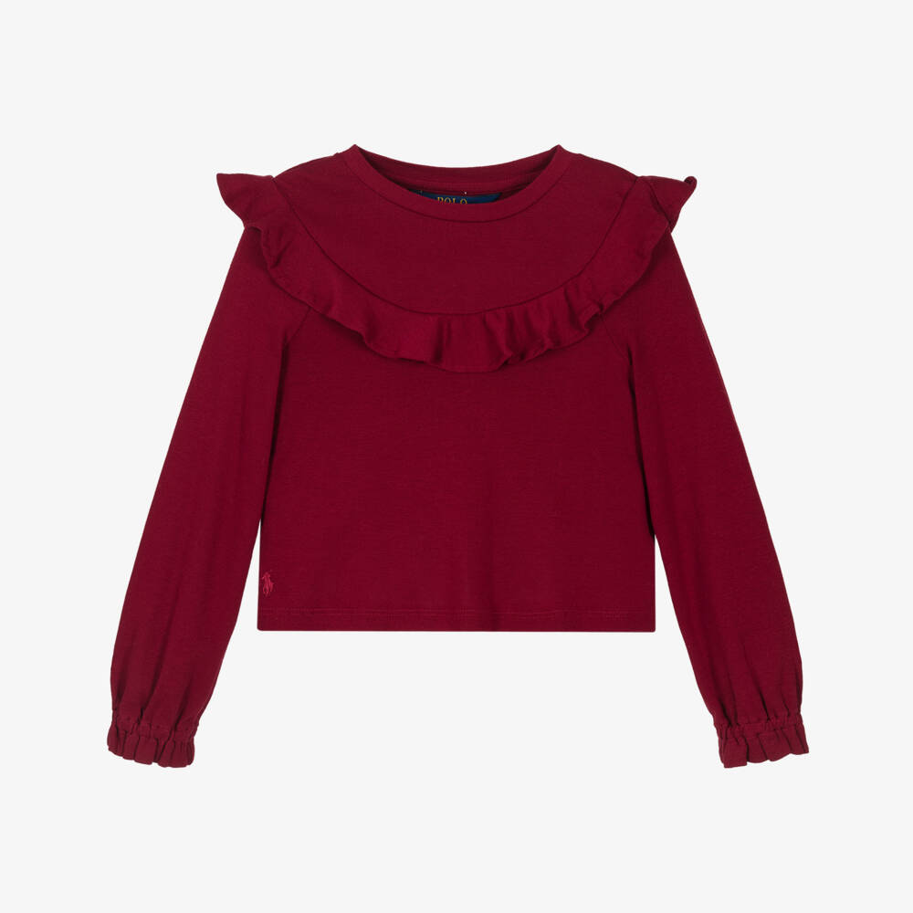 Ralph Lauren-Girls Red Cotton & Modal Jersey Frilled Top | Childrensalon Outlet