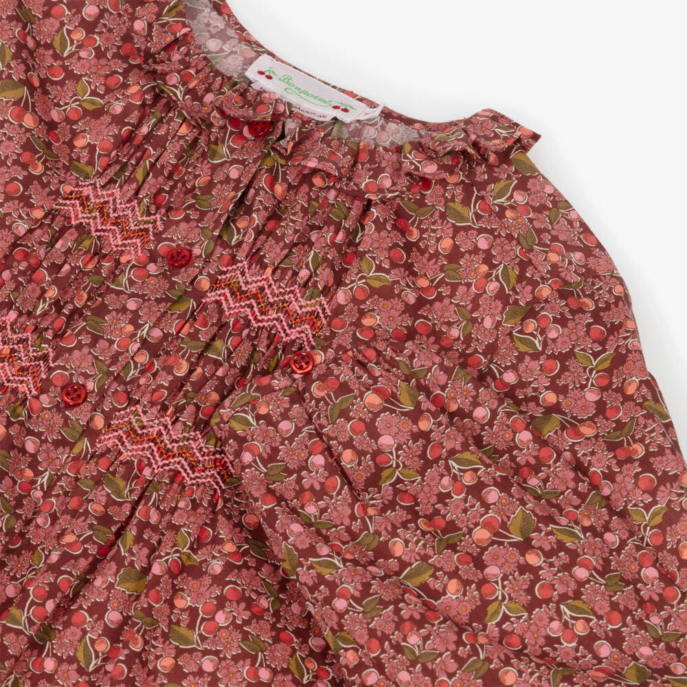 Bonpoint-Girls Red Cotton Smocked Blouse with Cherry Liberty Fabric | Childrensalon Outlet