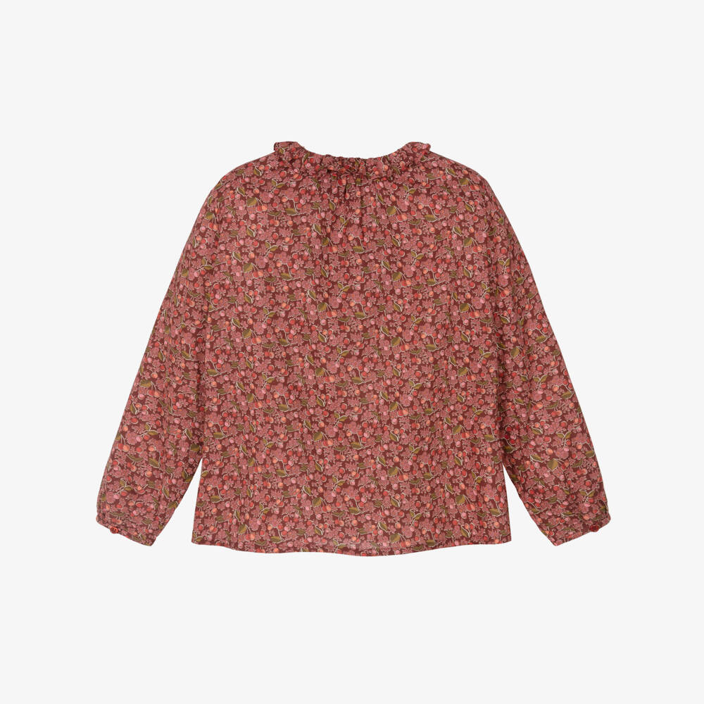 Bonpoint-Girls Red Cotton Smocked Blouse with Cherry Liberty Fabric | Childrensalon Outlet