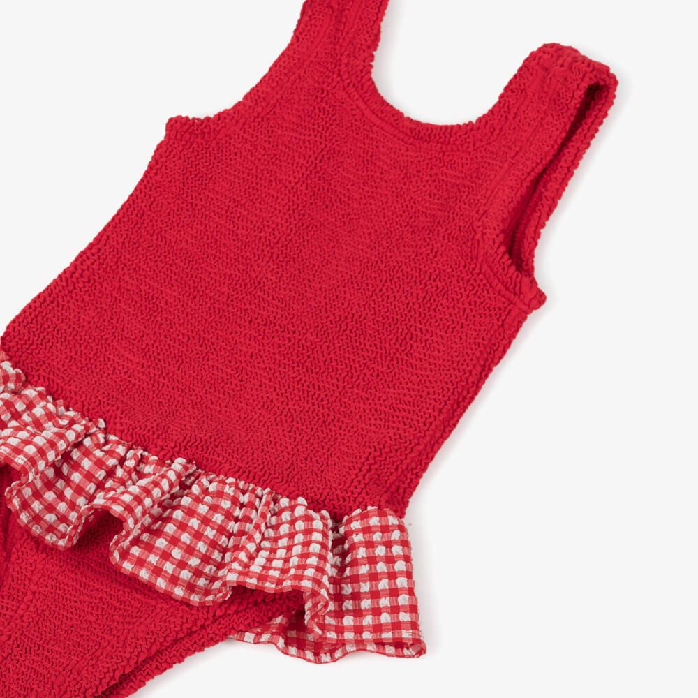 Hunza G-Girls Red Crinkle Swimsuit with Gingham Frill | Childrensalon Outlet