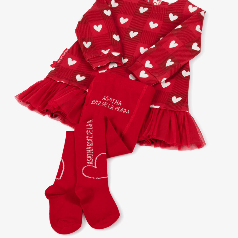 Agatha Ruiz de la Prada-Girls Red Dress Set with Checked Heart Pattern | Childrensalon Outlet
