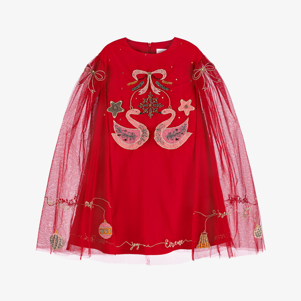 EIRENE-Girls Red Embroidered Christmas Cape Dress | Childrensalon Outlet