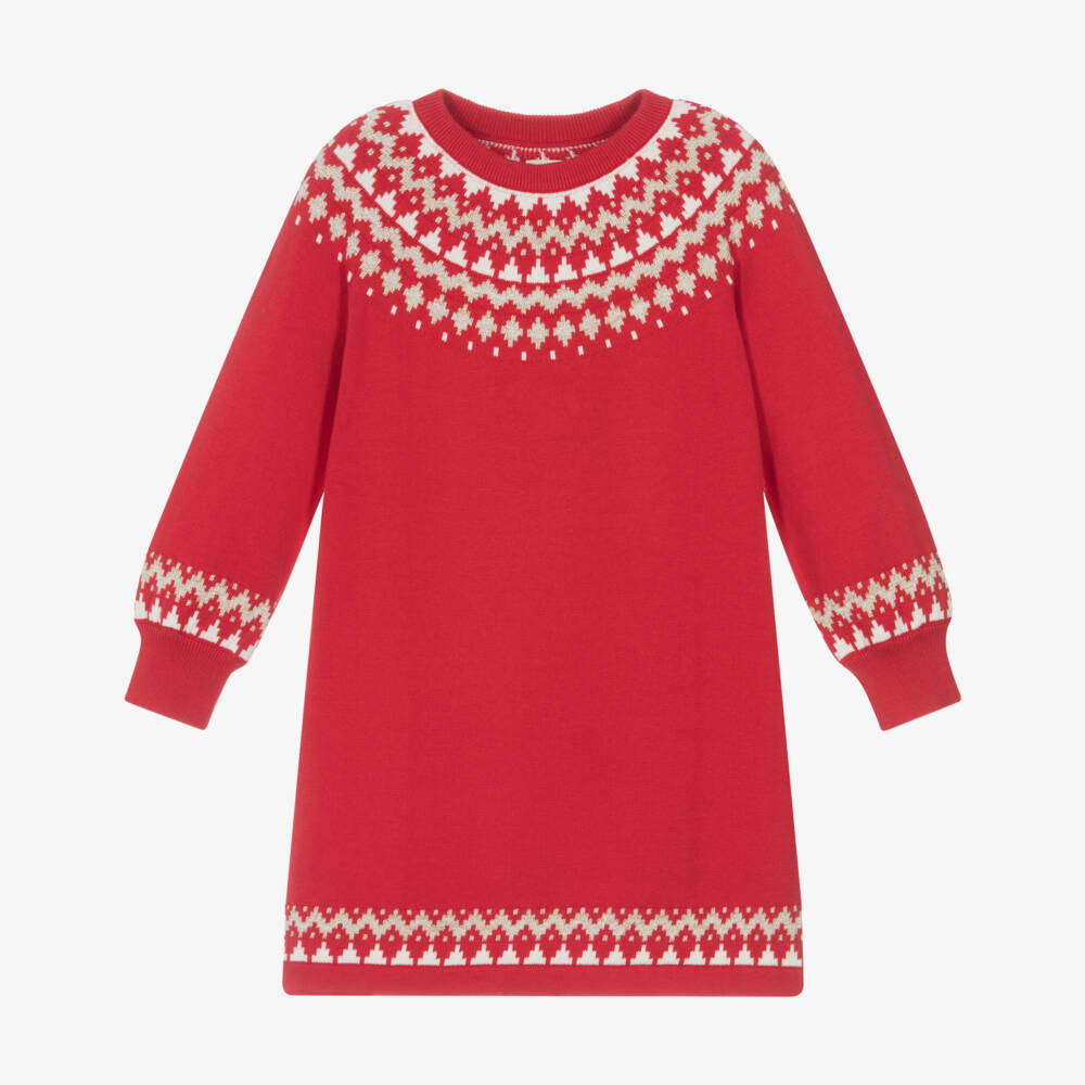 Hatley-فستان بناتي أحمر من القطن بنقشة فير آيل | Childrensalon Outlet