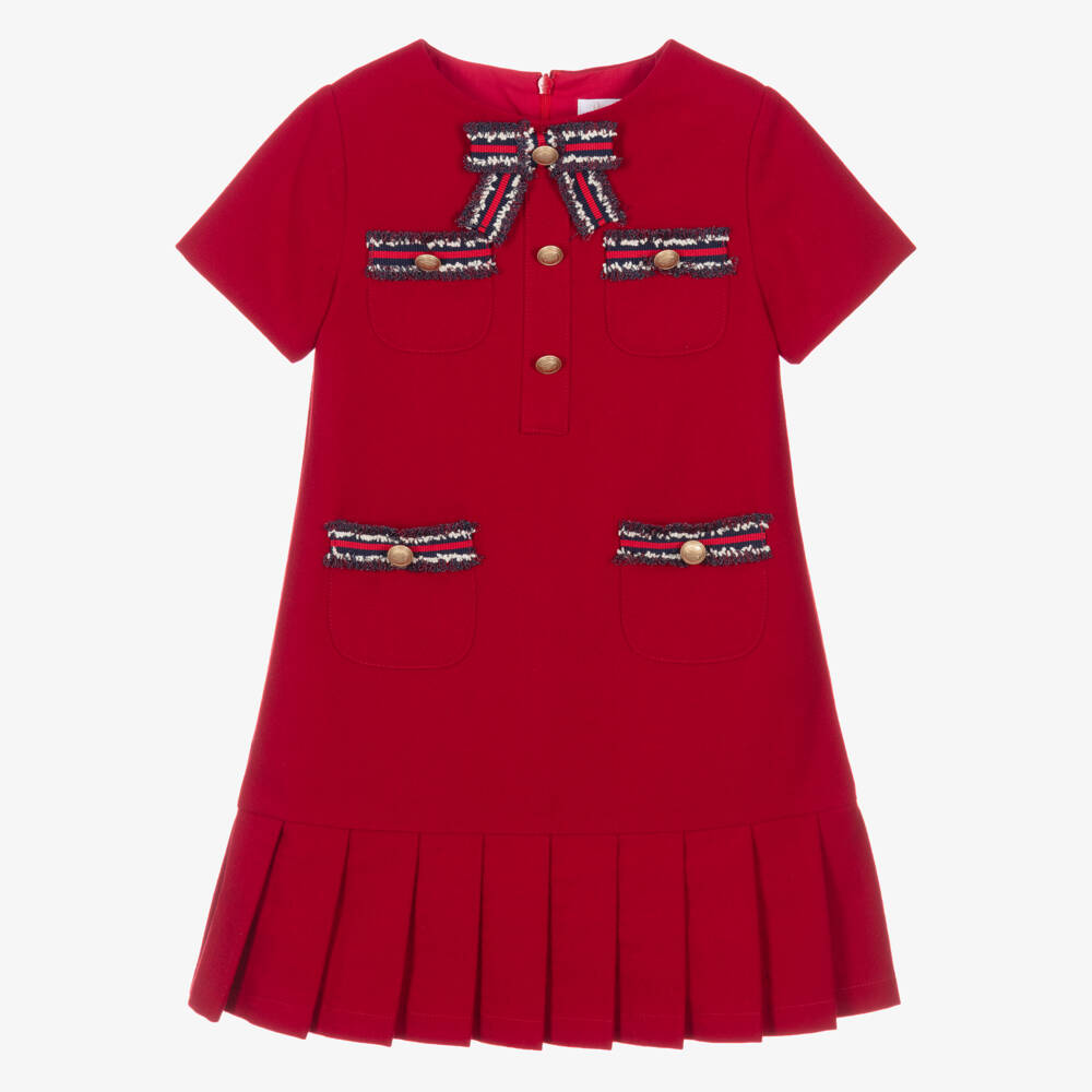 Patachou-Girls Red Flannel Dress with Bouclé Ribbon Trim | Childrensalon Outlet