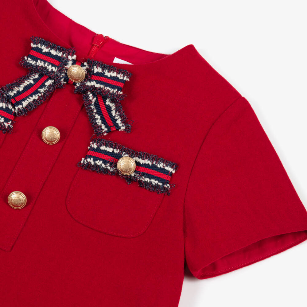 Patachou-Girls Red Flannel Dress with Bouclé Ribbon Trim | Childrensalon Outlet