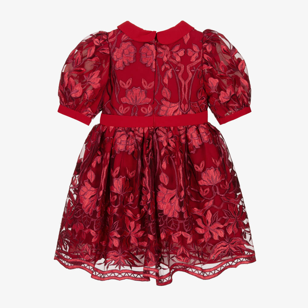 Patachou-Girls Red Floral Embroidered Tulle Dress | Childrensalon Outlet