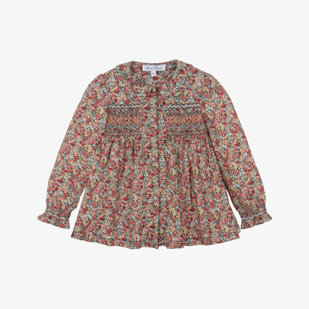 Tartine et Chocolat-Girls Red Floral Liberty Fabric Smocked Cotton Blouse | Childrensalon Outlet
