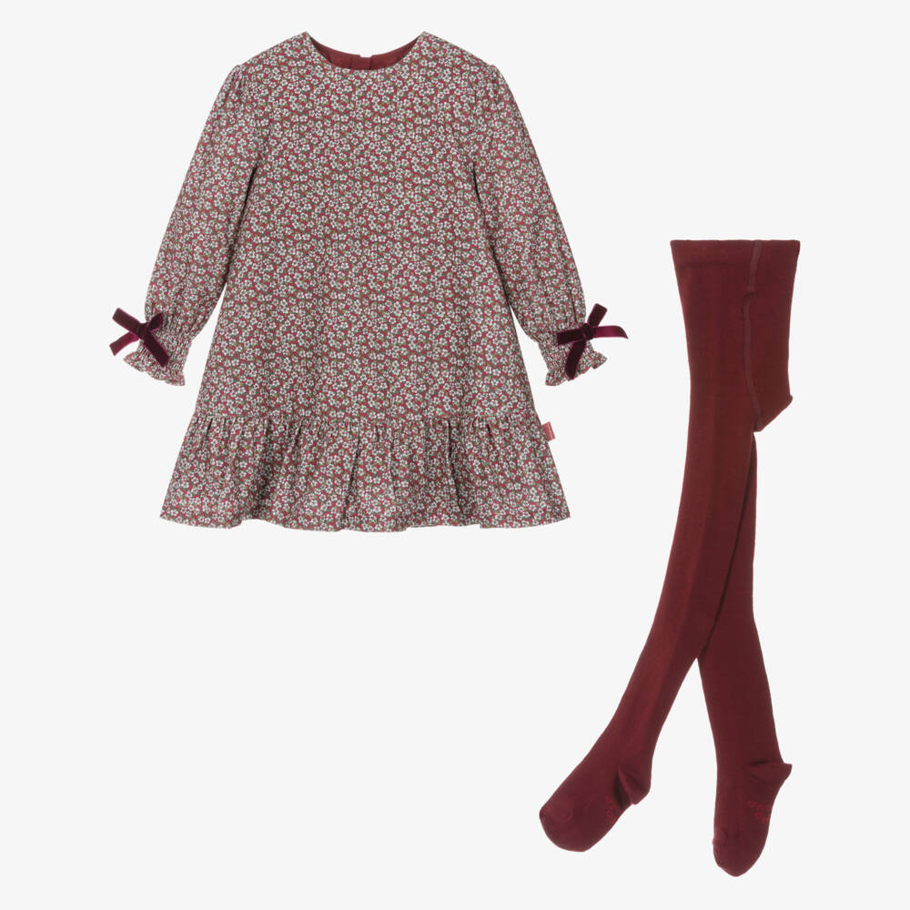 Tutto Piccolo-Girls Red Floral Needlecord Dress Set | Childrensalon Outlet