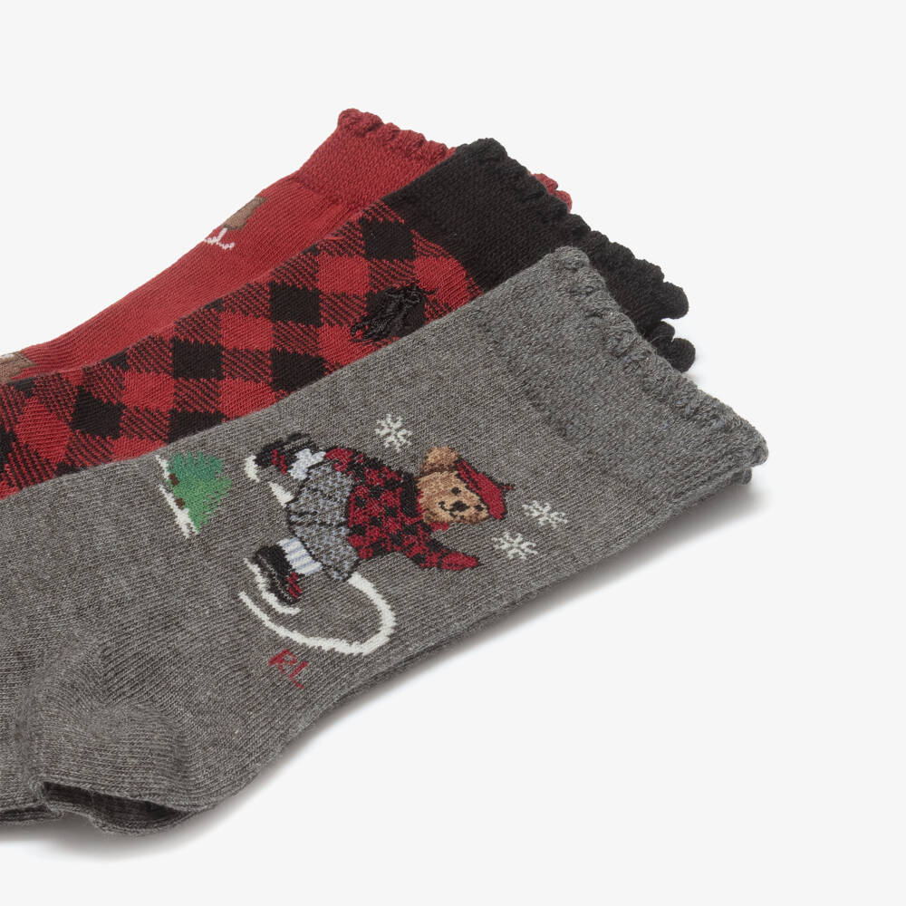 Ralph Lauren-Girls Red & Grey Ice Skating Polo Bear Socks (3 Pack) | Childrensalon Outlet