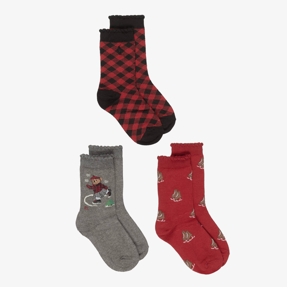Ralph Lauren-Girls Red & Grey Ice Skating Polo Bear Socks (3 Pack) | Childrensalon Outlet
