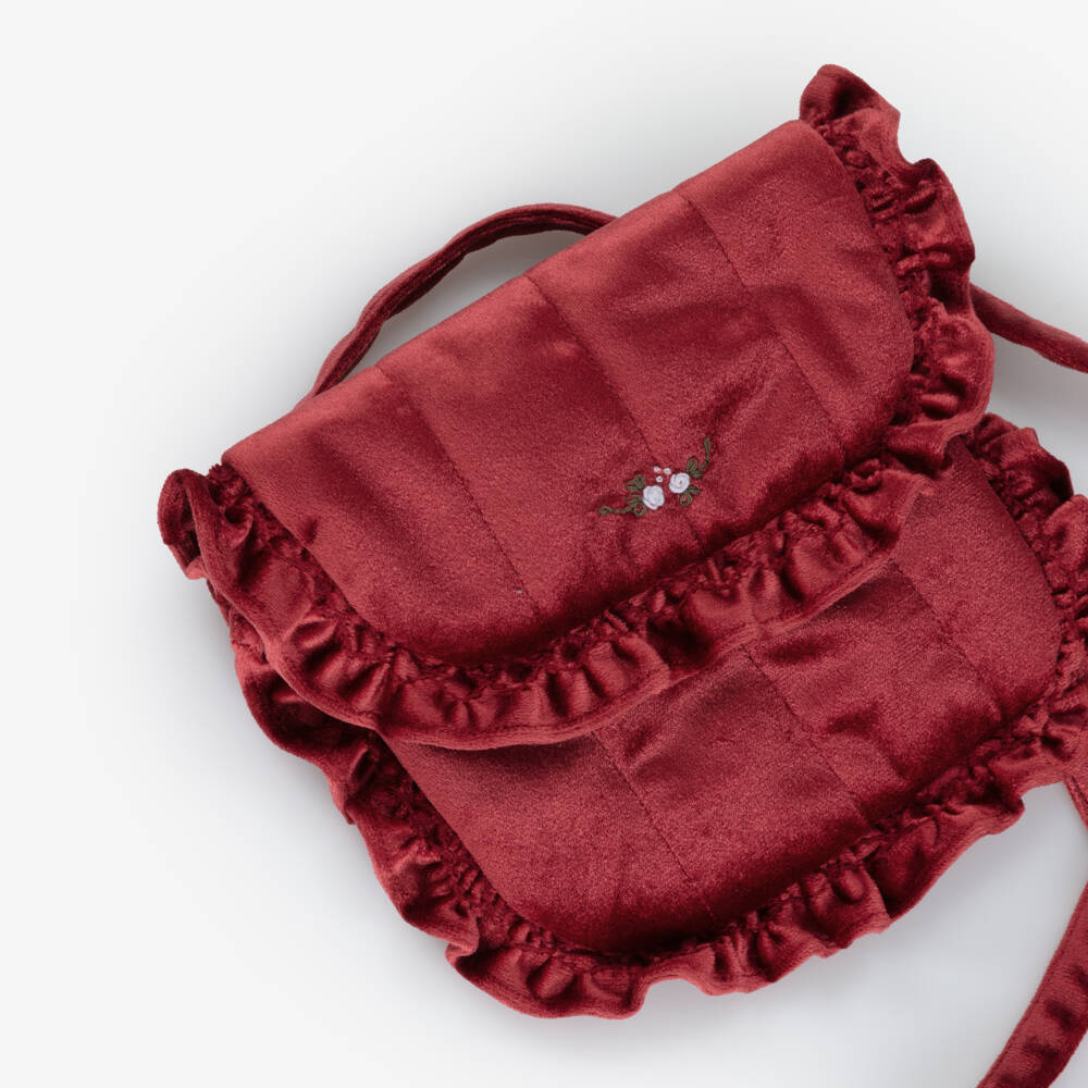 Kidiwi-Girls Red Hand-Embroidered Velvet Shoulder Bag (19cm) | Childrensalon Outlet