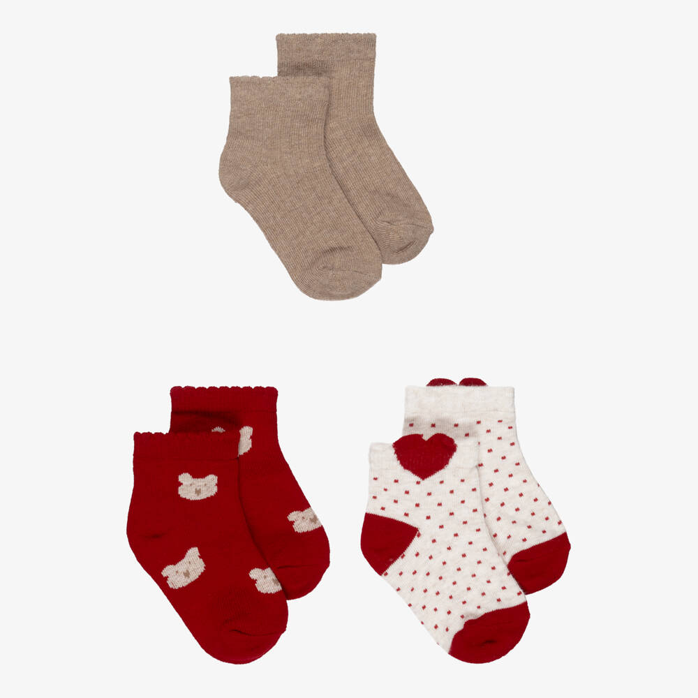Mayoral-Girls Red, Ivory & Beige Cotton Knit Socks (3 Pack) | Childrensalon Outlet