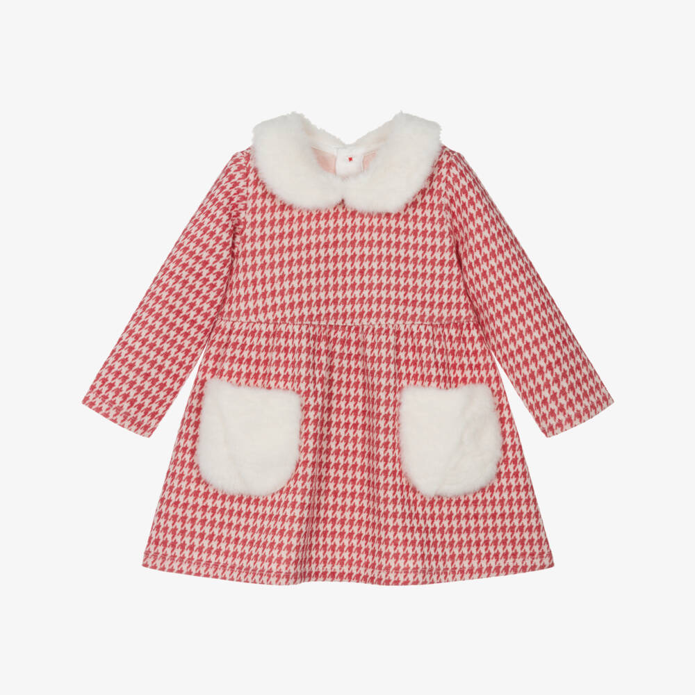 Hatley-Girls Red & Ivory Houndstooth Dress with Faux Fur Trim | Childrensalon Outlet