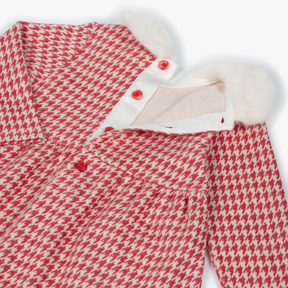 Hatley-Girls Red & Ivory Houndstooth Dress with Faux Fur Trim | Childrensalon Outlet