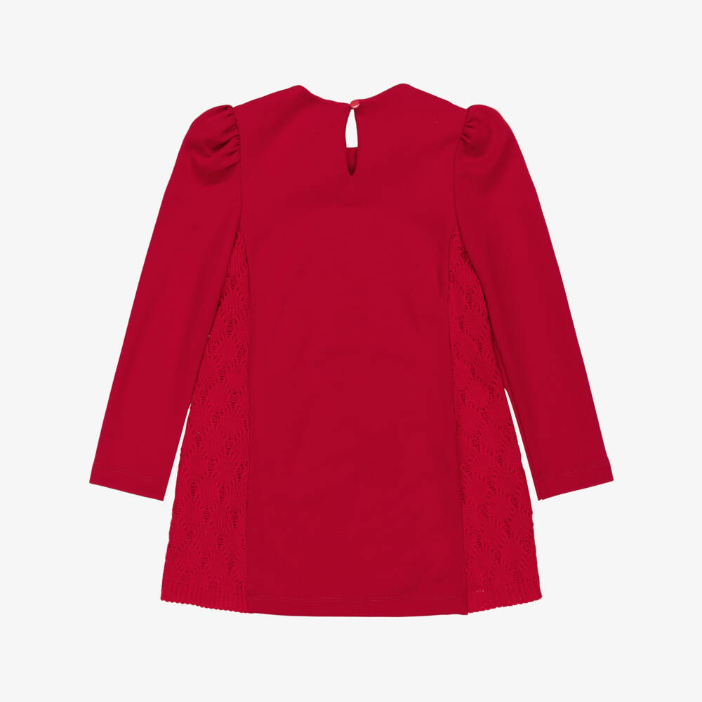 Lapin House-Girls Red Jersey Bunny Print Dress with Knitted Panels | Childrensalon Outlet