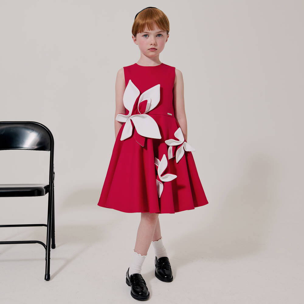Jessie and James London-Girls Red Jersey Dress with White Floral Appliqués | Childrensalon Outlet