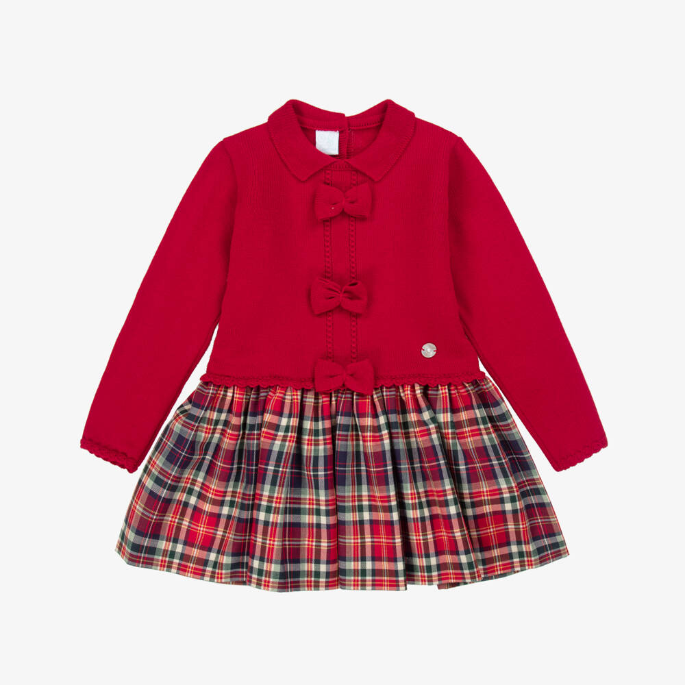 Artesanía Granlei-Girls Red Knit & Tartan Check Dress | Childrensalon Outlet