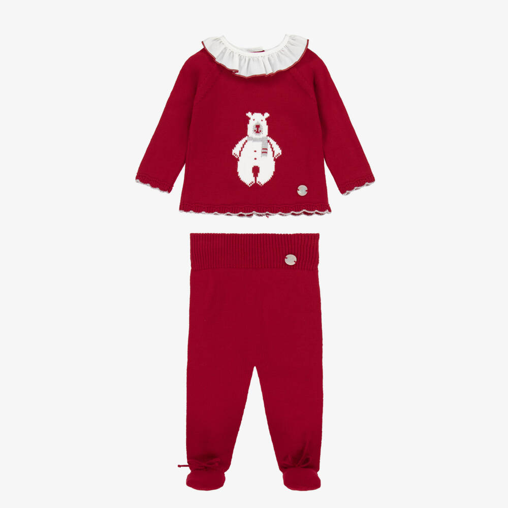 Artesanía Granlei-Girls Red Knitted Babysuit Set with Bear Motif | Childrensalon Outlet