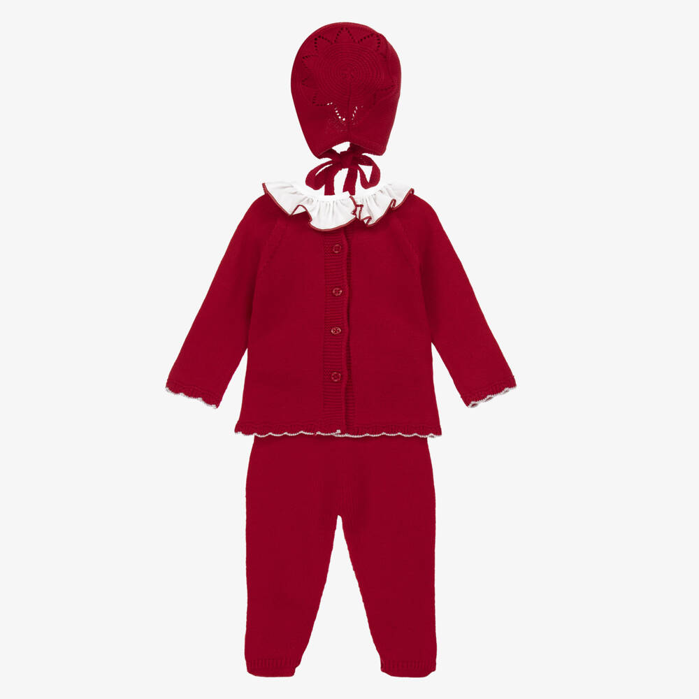 Artesanía Granlei-Girls Red Knitted Babysuit Set with Bear Motif | Childrensalon Outlet