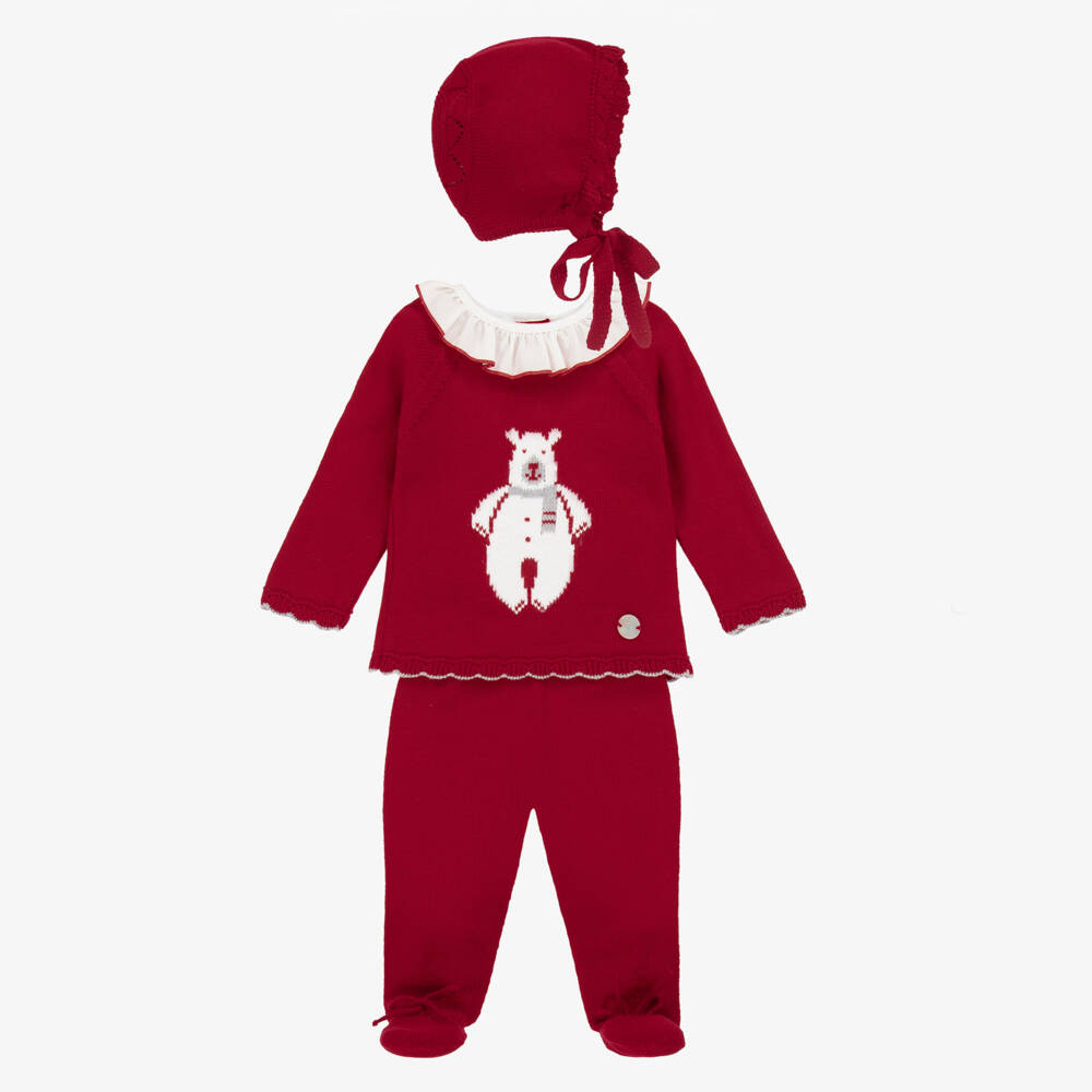 Artesanía Granlei-Girls Red Knitted Babysuit Set with Bear Motif | Childrensalon Outlet