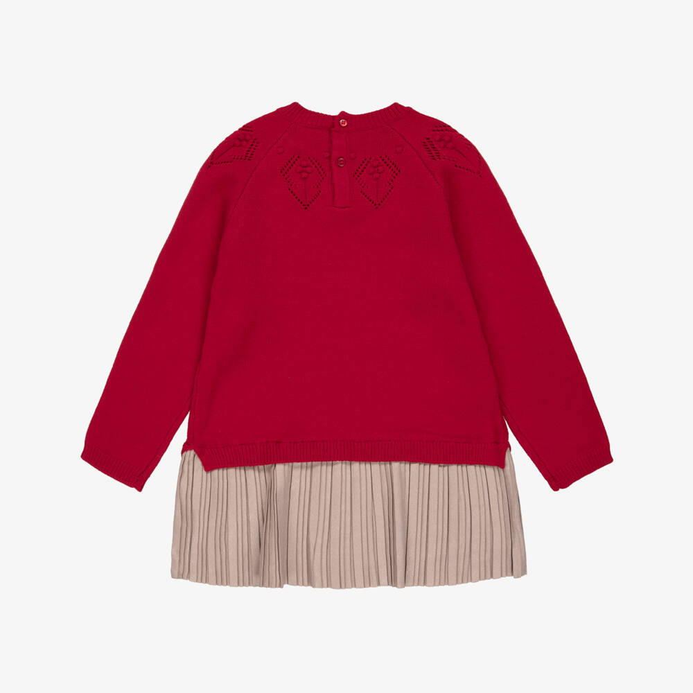 Mayoral-Girls Red Knitted & Beige Pleated Dress | Childrensalon Outlet