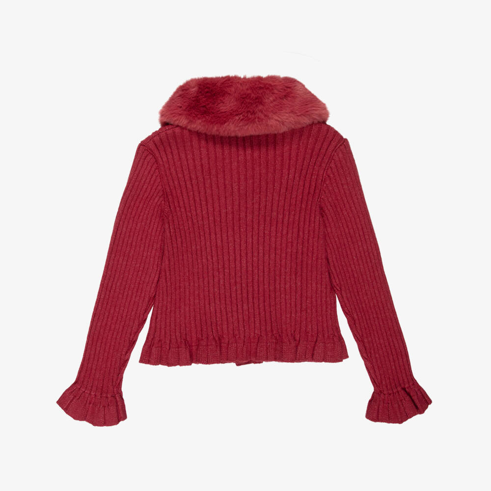 Mayoral-Girls Red Knitted Cardigan with Faux Fur Collar | Childrensalon Outlet