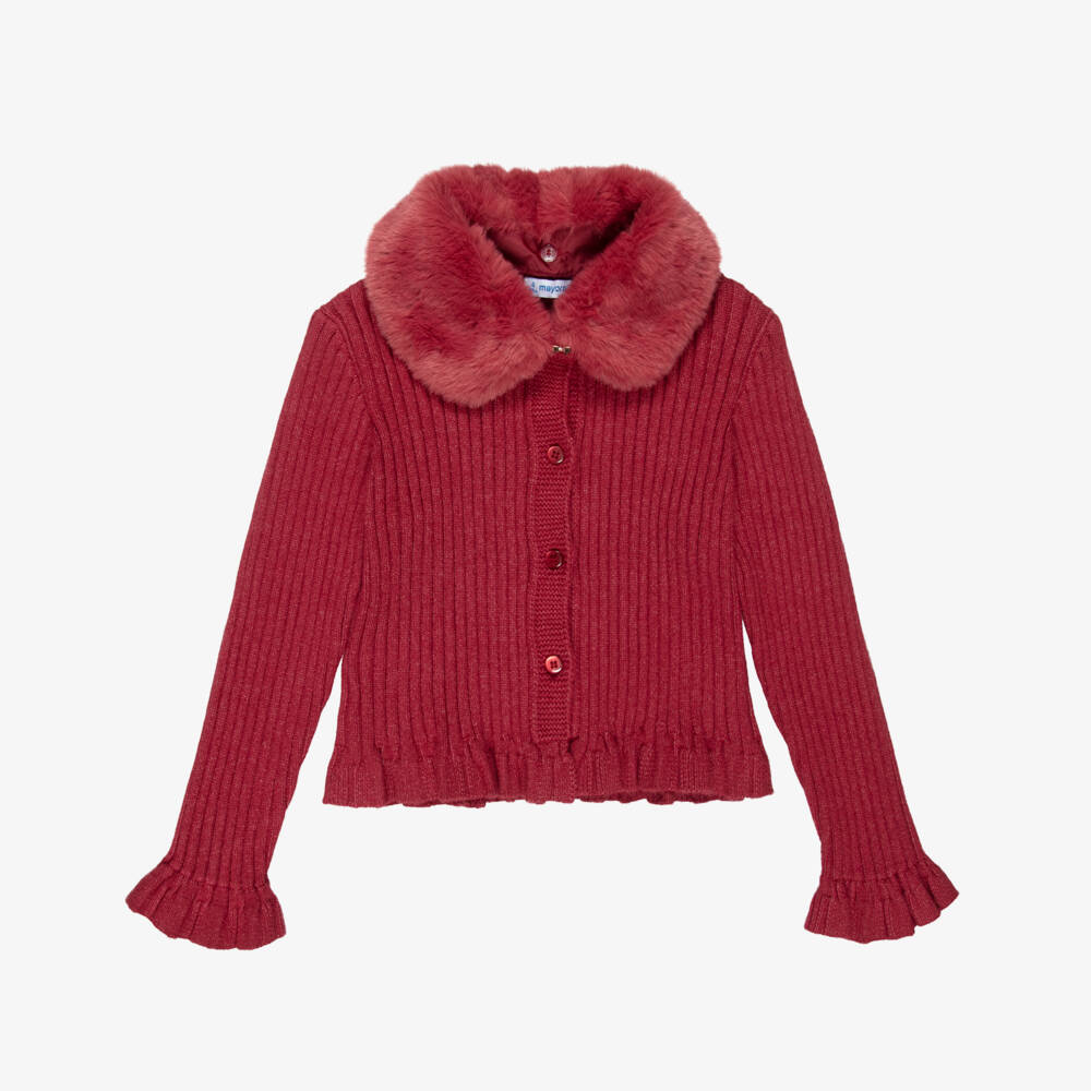 Mayoral-Girls Red Knitted Cardigan with Faux Fur Collar | Childrensalon Outlet