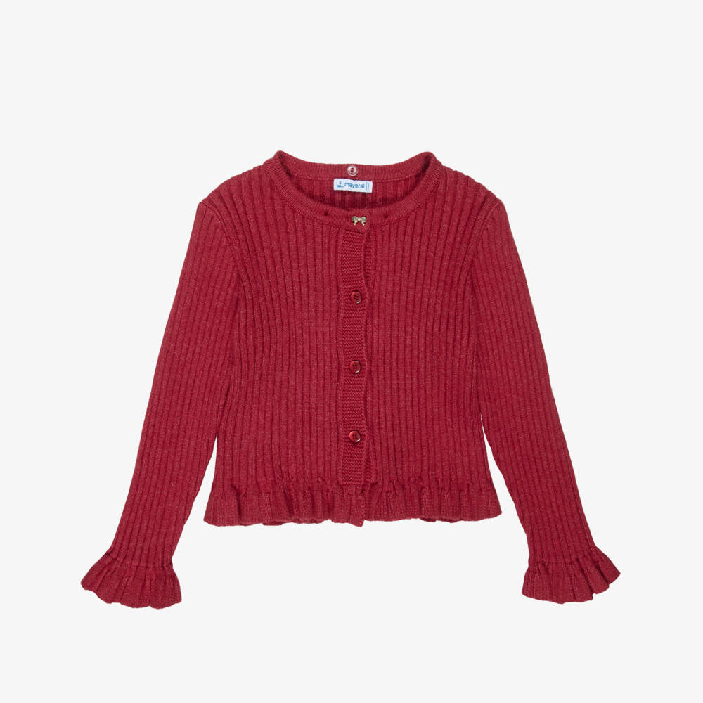 Mayoral-Girls Red Knitted Cardigan with Faux Fur Collar | Childrensalon Outlet