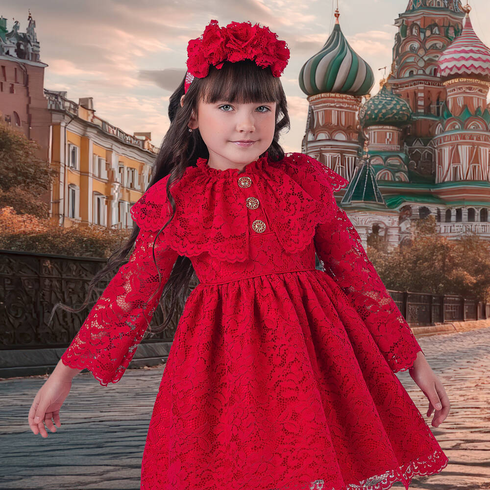 Irpa-Girls Red Lace & Satin Dress with Cape-Effect | Childrensalon Outlet