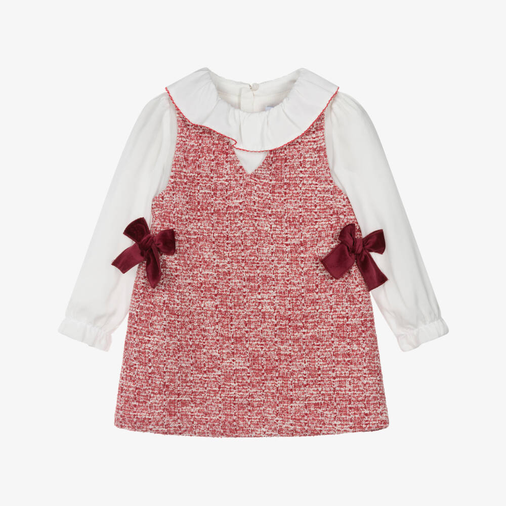 Mayoral-Girls Red Layered-Look Tweed Dress with Velvet Bows | Childrensalon Outlet