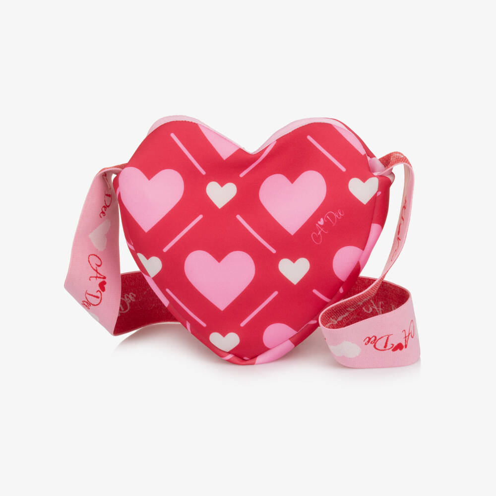 A Dee-Girls Red Neoprene Shoulder Bag with Pink Hearts & Logos (20cm) | Childrensalon Outlet