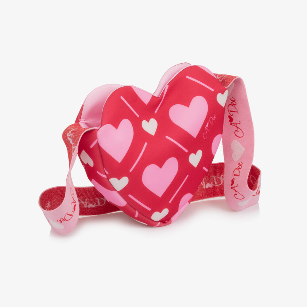 A Dee-Girls Red Neoprene Shoulder Bag with Pink Hearts & Logos (20cm) | Childrensalon Outlet
