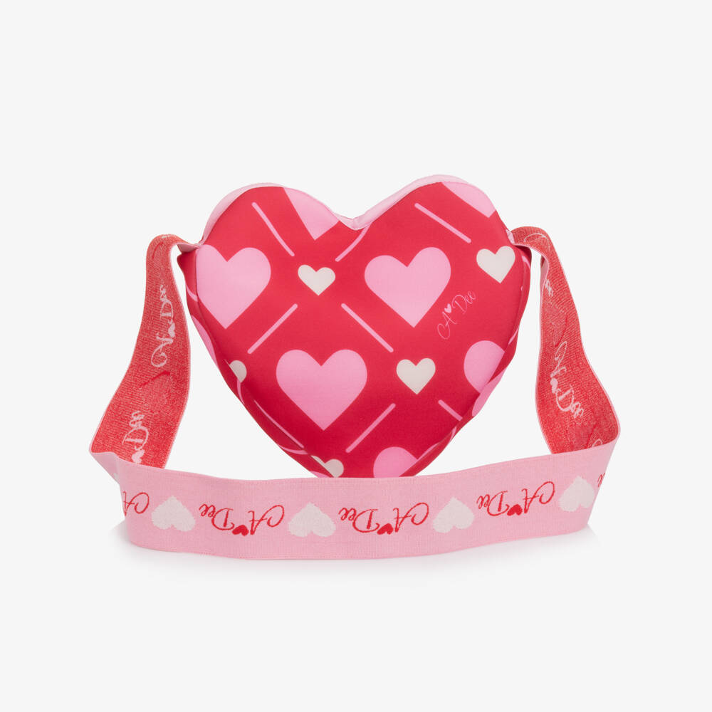 A Dee-Girls Red Neoprene Shoulder Bag with Pink Hearts & Logos (20cm) | Childrensalon Outlet